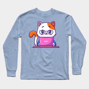 Cute Cat Working On Laptop Cartoon Long Sleeve T-Shirt